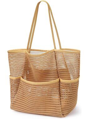 Women's Khaki Mesh Beach Tote Bag Large Foldable Swimming Bag with Pockets